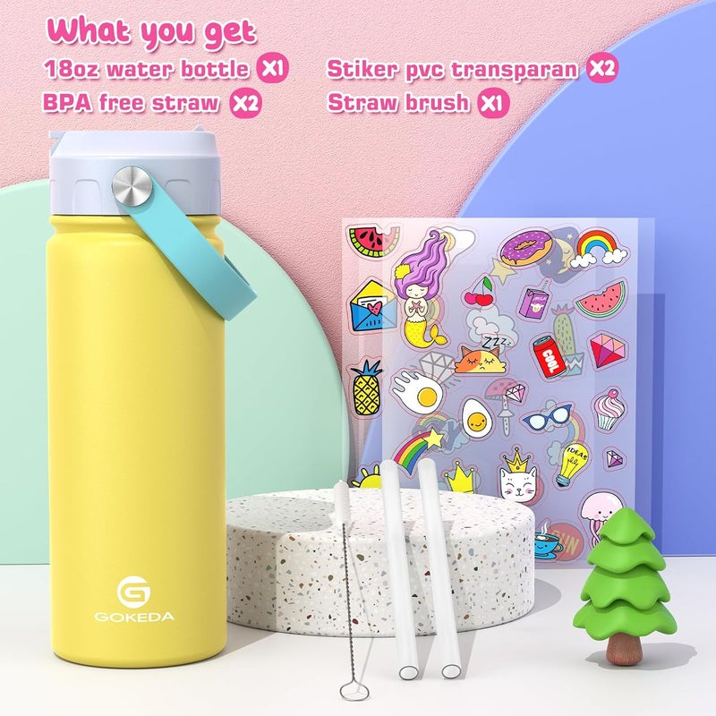 GOKEDA 18oz Kids Water Bottle, Insulated Bottles with Stickers, 18/8 Stainless Steel Vacuum Leak Proof Straw Cup for School, Gifts for Boys Girls(BlueYellow) - Image 1
